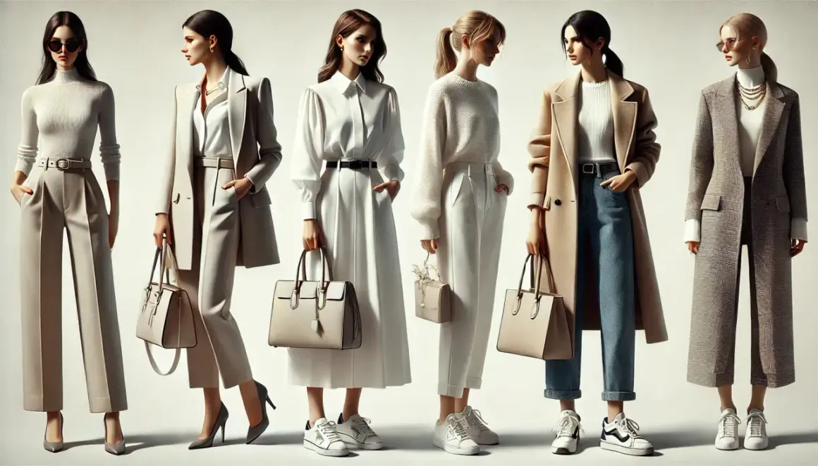 Sześć kobiet prezentuje elegancki styl damski w jasnych, neutralnych barwach. Od szerokich spodni po płaszcze, każda stylizacja emanuje szykiem.