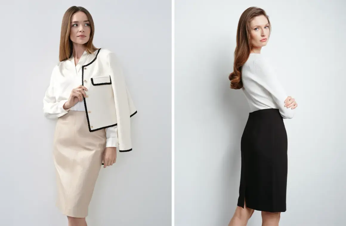 Eleganckie stylizacje z czarną mini spódniczką i beżową. Klasyka w nowoczesnym wydaniu.