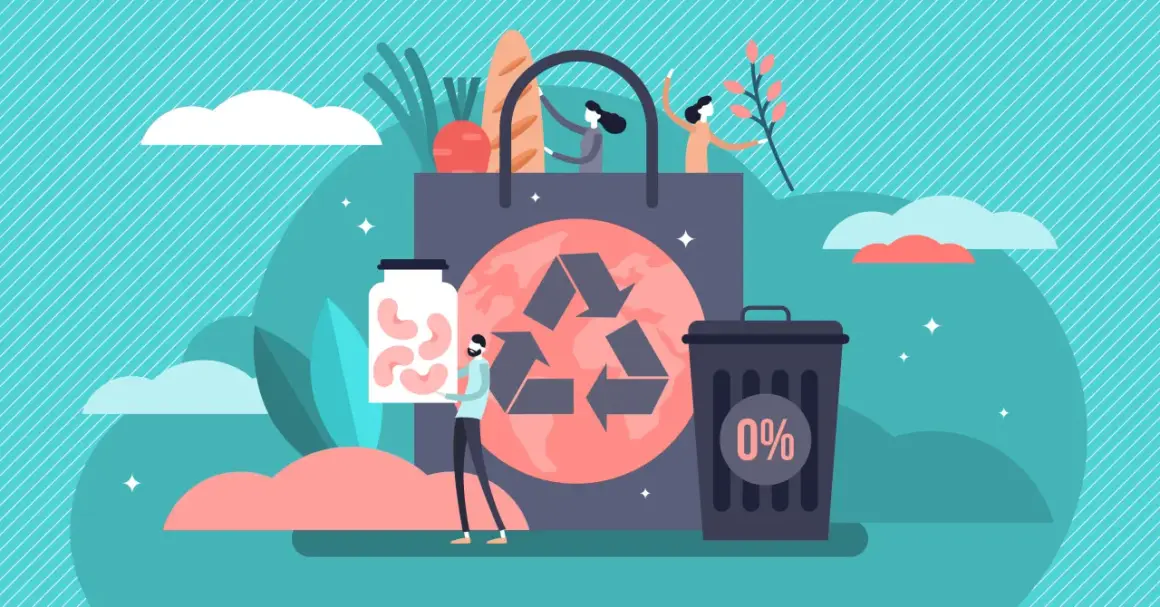 Ludzie pakują zakupy do torby, obok kosz na śmieci z 0% i słoik z fasolą. To symbolizuje, że zero waste co to znaczy – minimalizowanie odpadów.