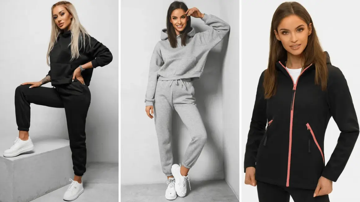 Trzy kobiety prezentują wygodne stylizacje w góry: czarny dres, szary komplet i czarną kurtkę z różowymi detalami.