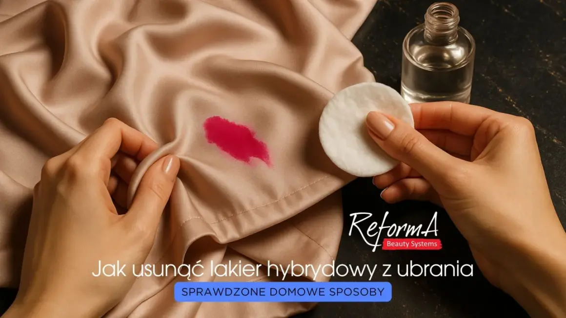 Jak zmyć lakier hybrydowy z ubrania? Wacik nasączony płynem do usuwania lakieru i plama na jedwabnej tkaninie.