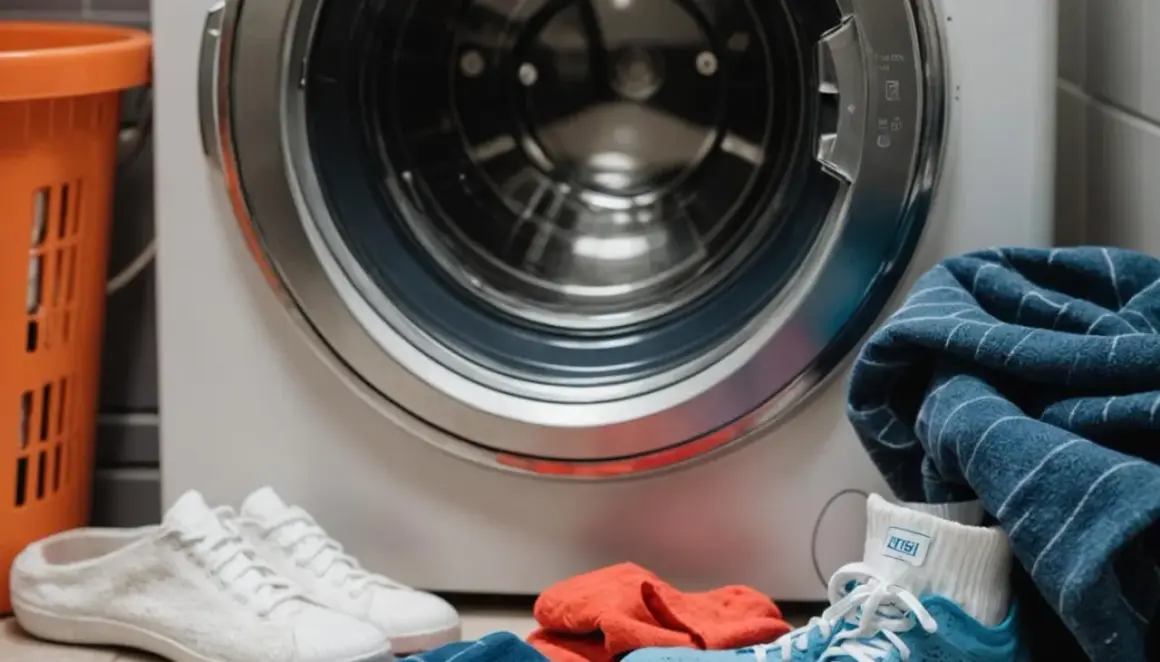 Przed pralką leżą buty i ubrania. Zastanawiasz się, w jakiej temperaturze prać bieliznę? Sprawdź metkę!