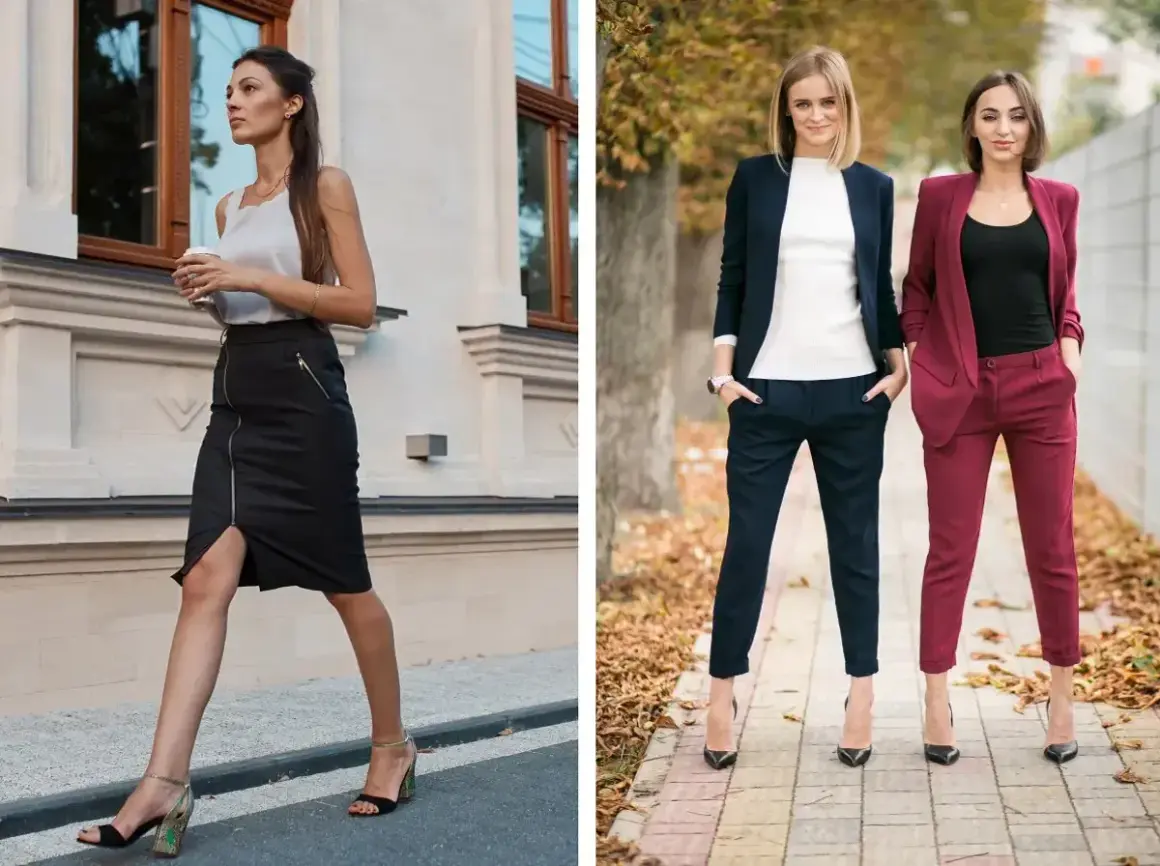 Eleganckie stylizacje dla kobiet: czarna spódnica z zamkiem i biały top, granatowy i bordowy garnitur. Inspiracja, jak się ubrać.