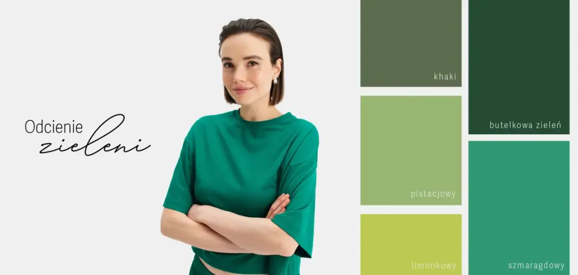 Modelka w zielonej bluzce prezentuje paletę odcieni zieleni: khaki, pistacjowy, limonkowy, butelkową i szmaragdową. Inspiracja, z czym łączyć zielony kolor ubrania.