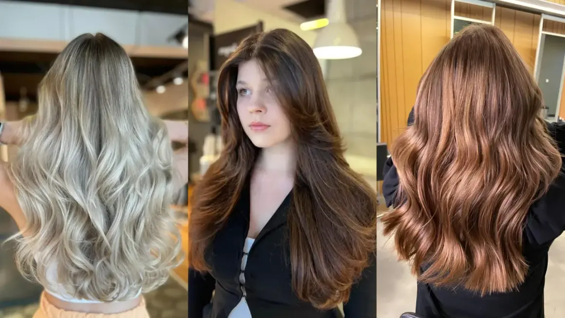 Trzy kobiety prezentują stylowe fryzury: blond z falami, brązowe włosy cieniowane warstwowo z grzywką i miedziane loki.