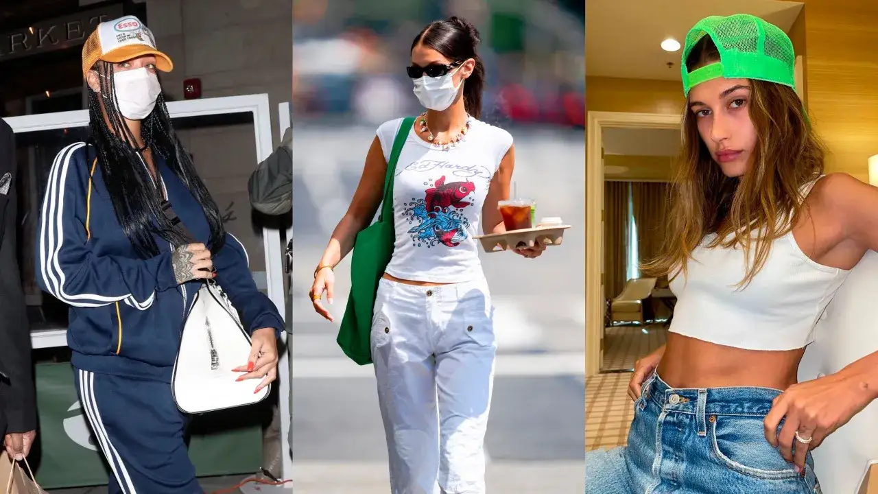 Trzy kobiety w stylizacjach inspirowanych modą lat 2000. – dres, t-shirt z rybą, jeansy i crop top.