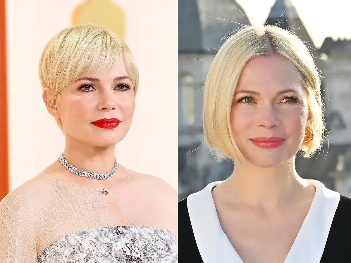 Dwie fryzury aktorki z okrągłą twarzą: krótki pixie cut i bob.