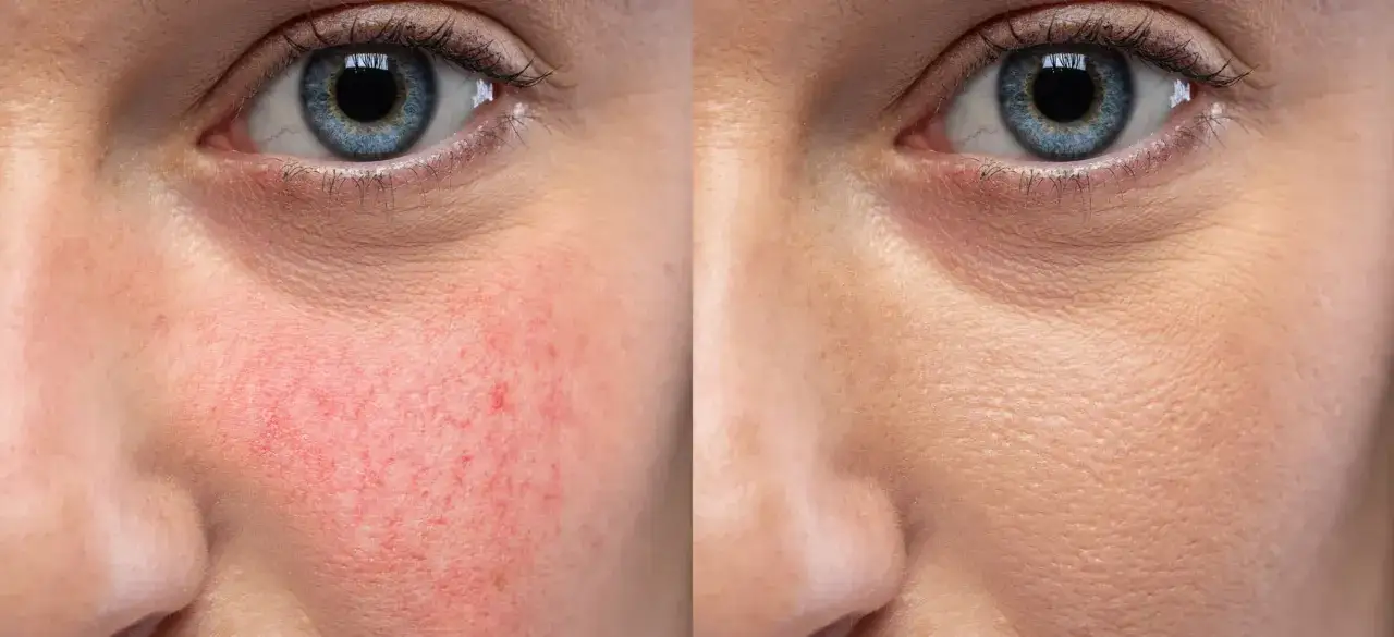 Retinol dla cery naczynkowej: porównanie skóry przed i po zastosowaniu. Widoczne zmniejszenie zaczerwienienia i widocznych naczynek.