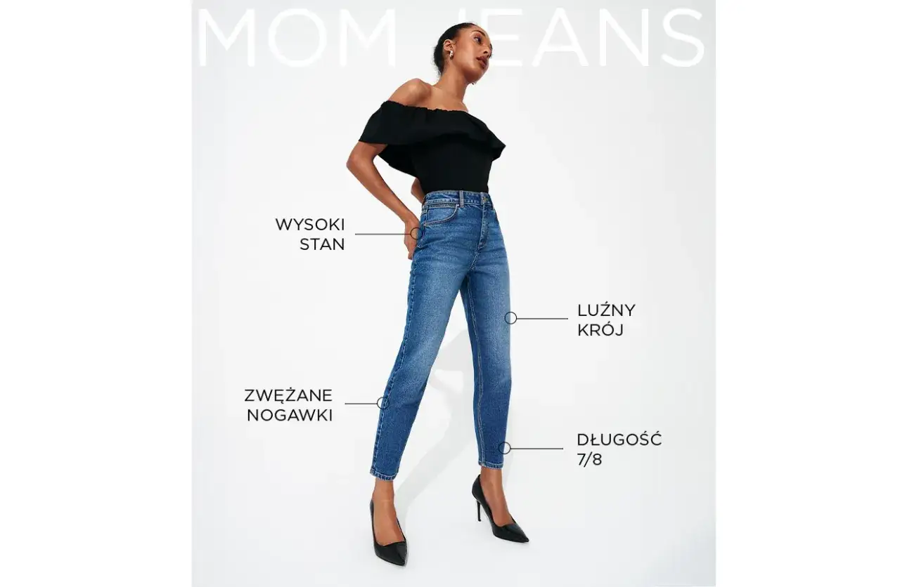 Modelka w jeansach mom fit: wysoki stan, luźny krój, zwężane nogawki, długość 7/8.