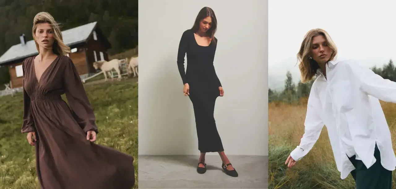 Eleganckie stylizacje na Wigilię firmową: brązowa sukienka maxi, czarna dopasowana sukienka, biała koszula oversize.