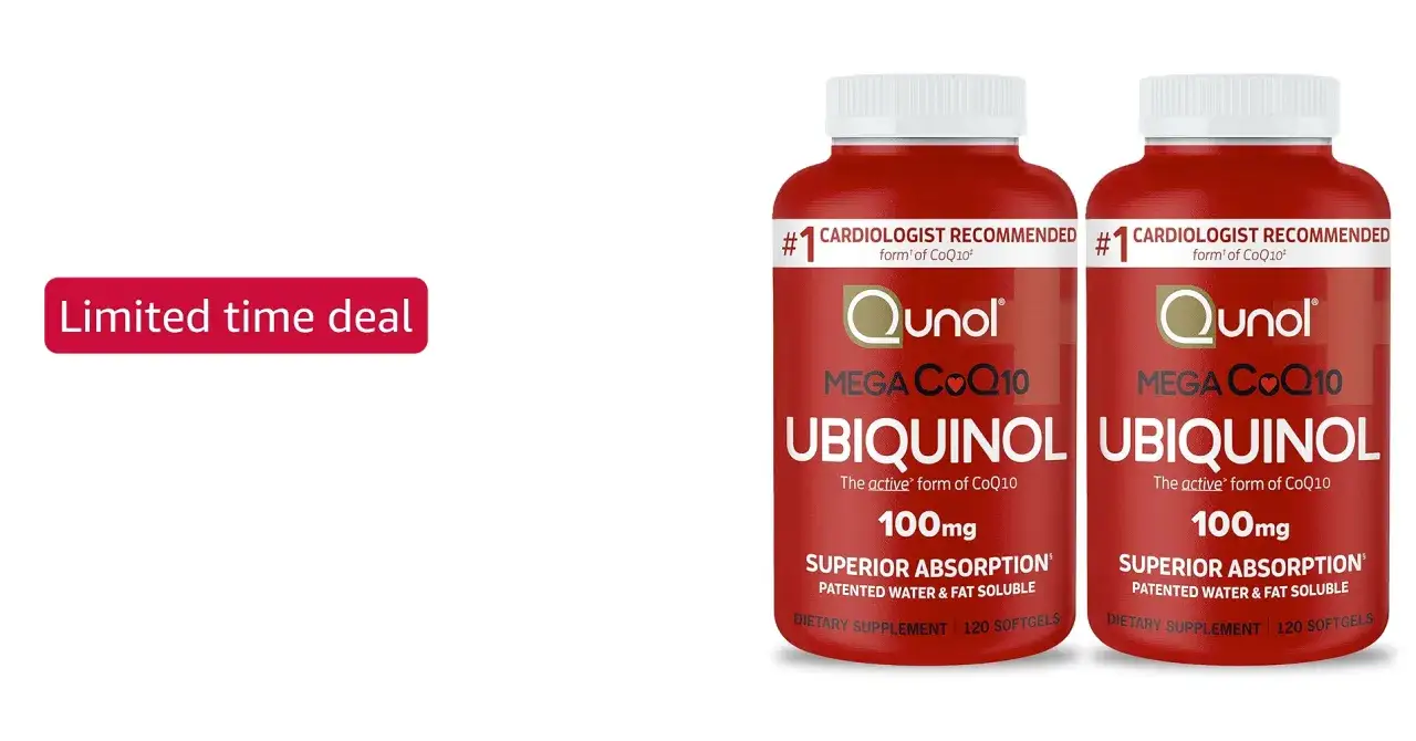 Dwie butelki suplementu Qunol Ubiquinol Mega CoQ10 100mg. Czy koenzym q10 rano czy wieczorem? Promocja ograniczona czasowo.