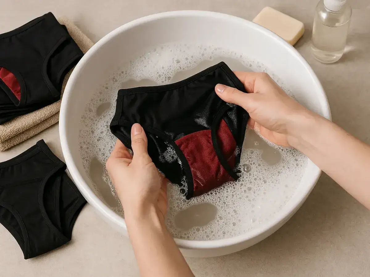 Ręczne pranie majtek menstruacyjnych w wodzie z mydłem. Dowiedz się, jak prać majtki menstruacyjne, by służyły Ci długo.