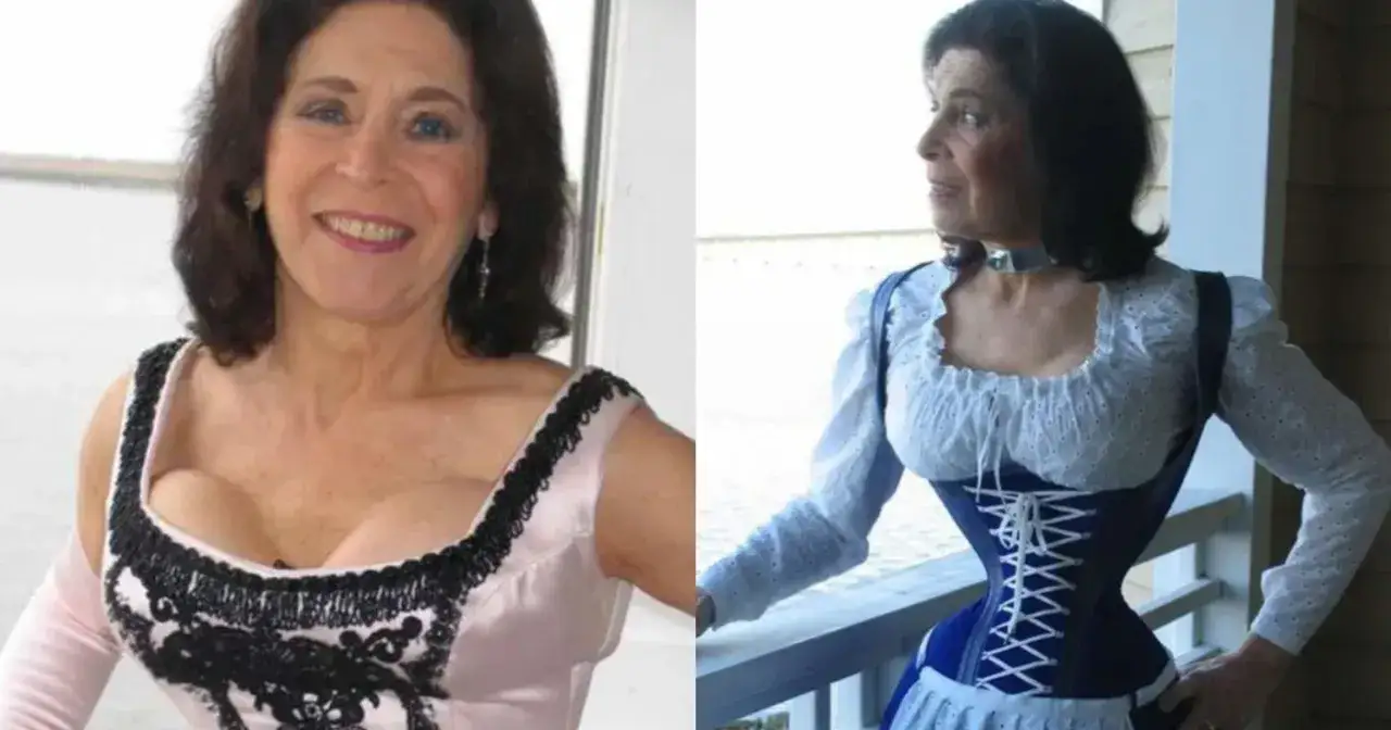 Kobieta w gorsecie z 80 cm w pasie. Jaki to rozmiar damski? Widać ją w dwóch strojach, jeden bardziej elegancki, drugi w stylu bawarskim.