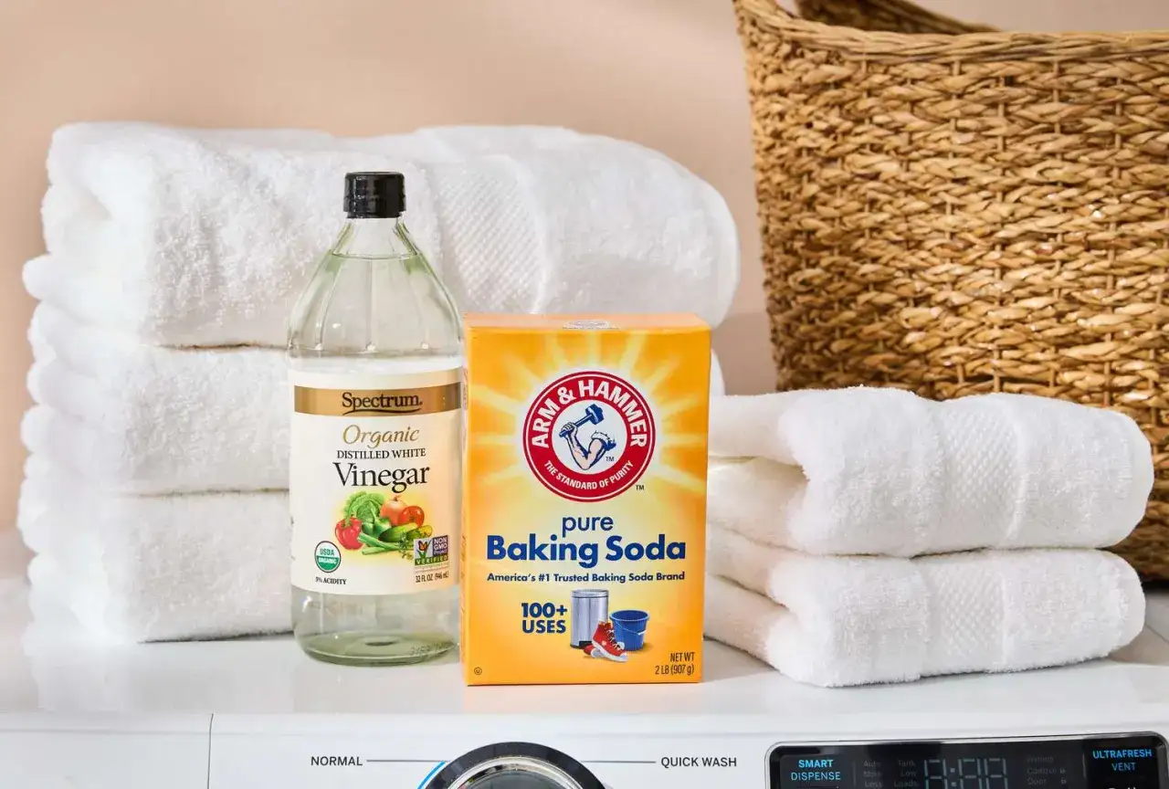Białe ręczniki, butelka octu i pudełko sody oczyszczonej Arm & Hammer – naturalne składniki do prania.