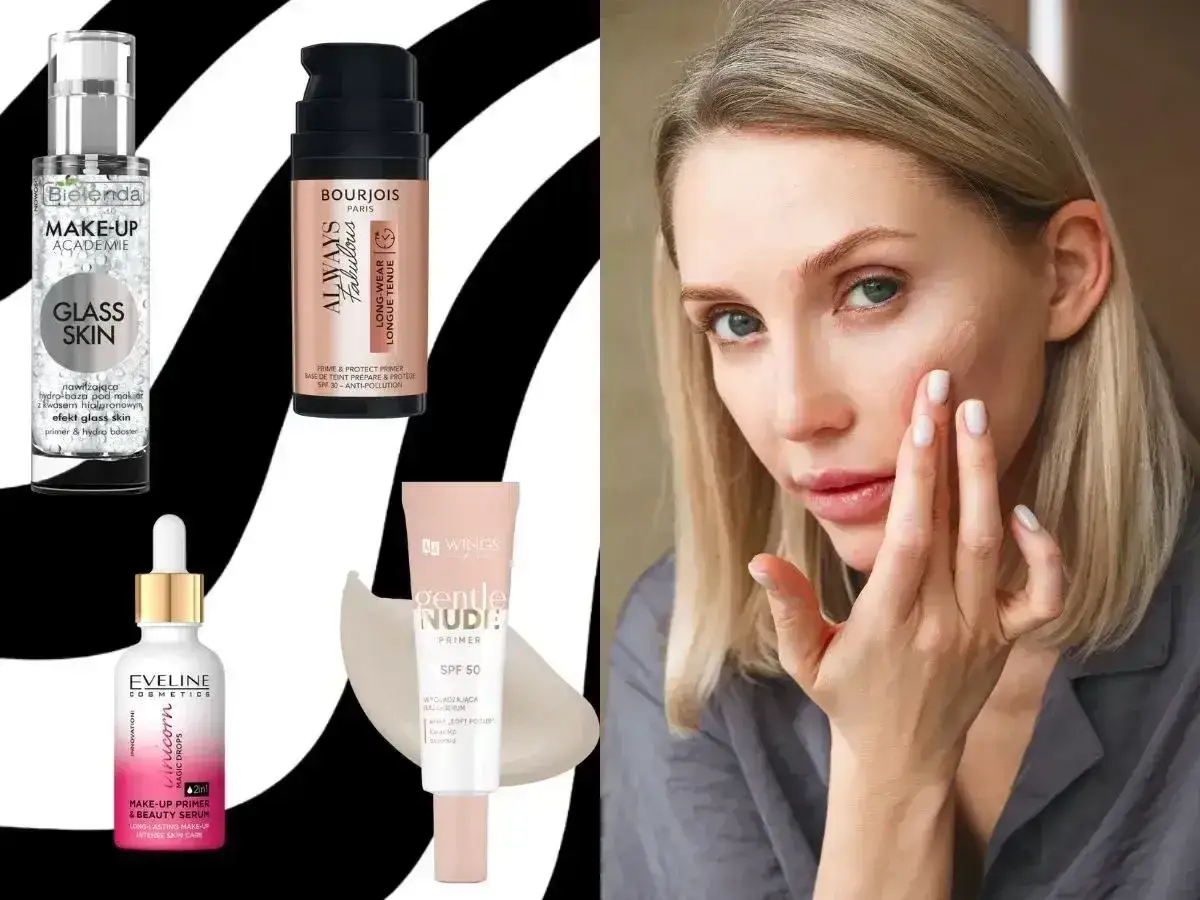 Kobieta aplikuje na twarz bazę pod makijaż. Obok kosmetyki: Bielenda, Bourjois, Eveline i Wings.