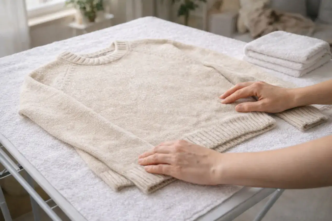 Delikatne dłonie układają beżowy sweter z alpaki na ręczniku, przygotowując go do suszenia. Wskazówki, jak prać sweter z alpaki, by zachował miękkość.