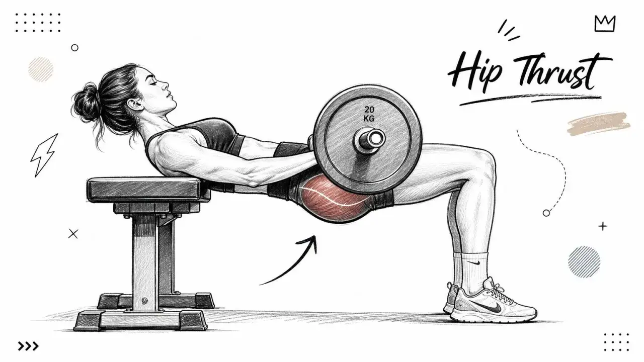 Kobieta wykonuje ćwiczenia na pośladki – hip thrust z obciążeniem.