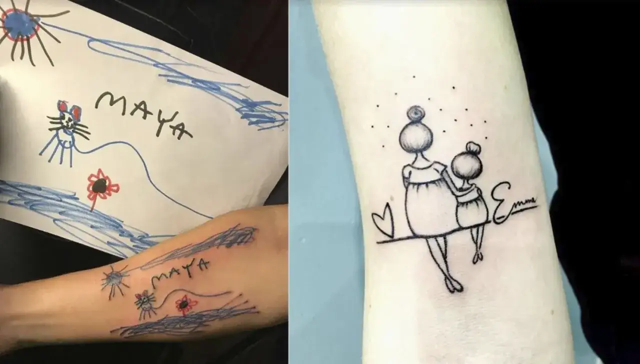 Tatuaż dla mamy z imionami dzieci, inspirowany rysunkiem córki. Widoczny tatuaż przedstawia mamę z córką, a obok imię 