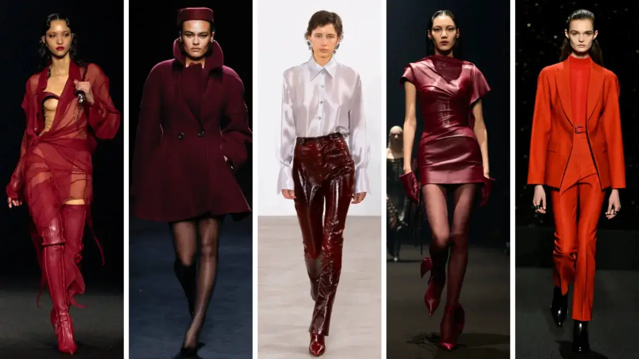Kolekcja mody w odcieniach czerwieni i burgundu. Modele prezentują odważne kreacje, od transparentnych sukienek po eleganckie garnitury, idealne na jesienne wyjścia.