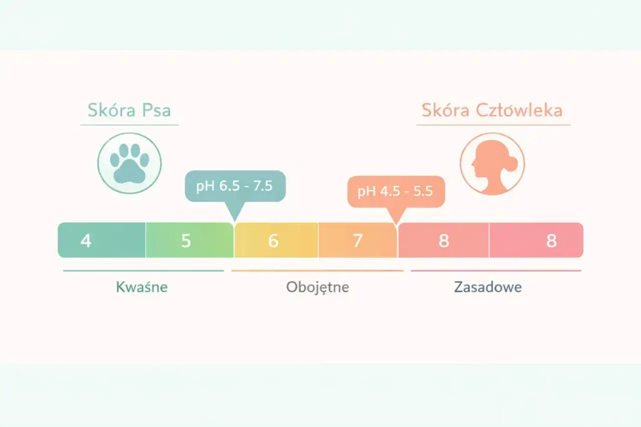 Porównanie pH skóry psa (6.5-7.5) i człowieka (4.5-5.5). Unikaj składników jak sodium coco sulfate, które mogą naruszyć równowagę.