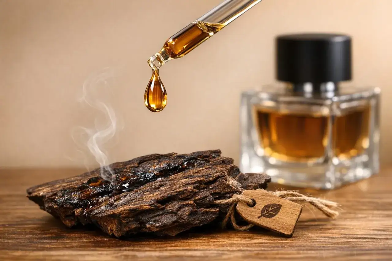 Kropla cennego olejku oud kapie z pipety na kawałek drewna, z którego unosi się dym. Obok flakon perfum.