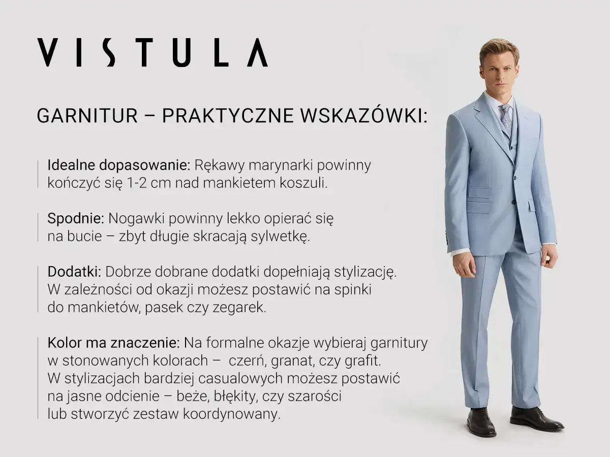 Jak dobrać garnitur: wskazówki dotyczące dopasowania, spodni, dodatków i koloru. Mężczyzna w błękitnym garniturze.
