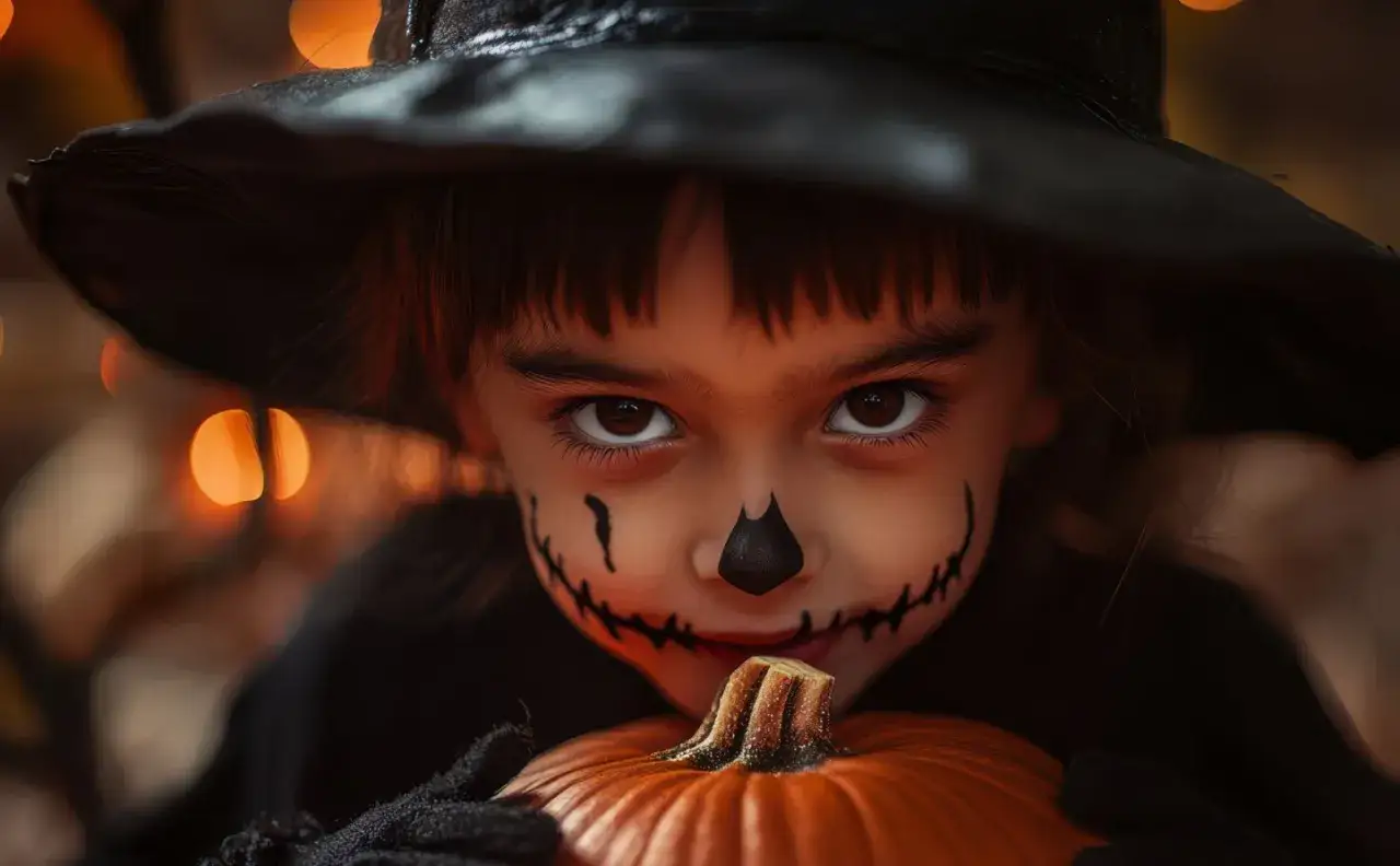 Dziecko w kapeluszu czarownicy z makijażem dyni, trzymające małą dynię. Idealny łatwy makijaż na Halloween dla dzieci.