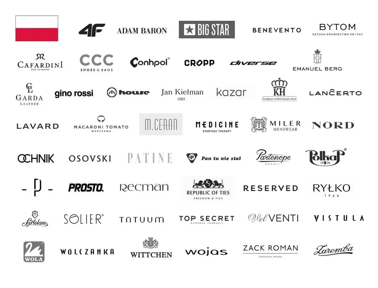 Polskie marki odzieżowe: 4F, Reserved, Ryłko, Medicine, Big Star, Bytom, Cropp, Diverse, Gino Rossi, Kazar, Lancerto, Wólczanka, Wittchen, Wojas, Larembę i wiele innych.