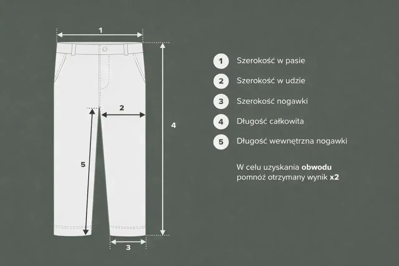 Tabela rozmiarów spodni: szerokość w pasie (1), w udzie (2), nogawki (3), długość całkowita (4) i wewnętrzna (5). Jak dobrać rozmiar 34?