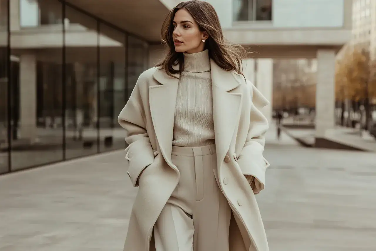 Kobieta w kremowym płaszczu i golfie, emanująca elegancją. Jej styl to kwintesencja tego, co znaczy subtelny.