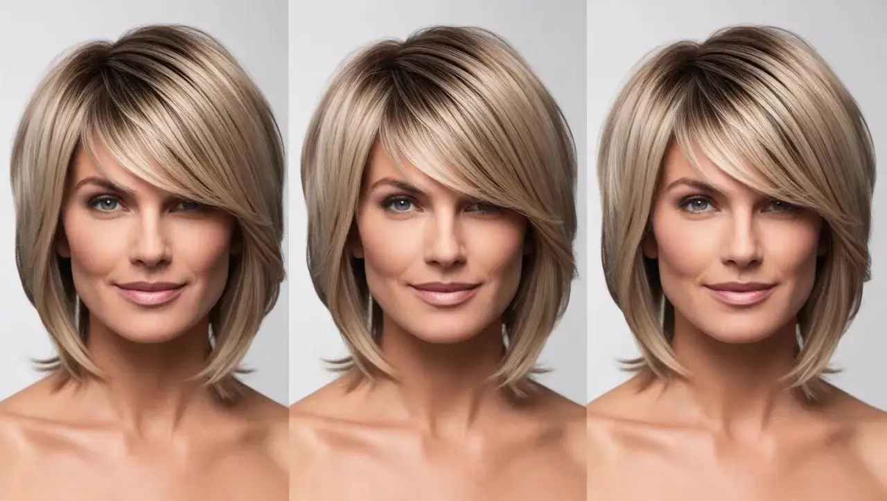 Trzy identyczne ujęcia kobiety z blond grzywką. Zastanawiasz się, jak sprawdzić, czy pasuje Ci grzywka?