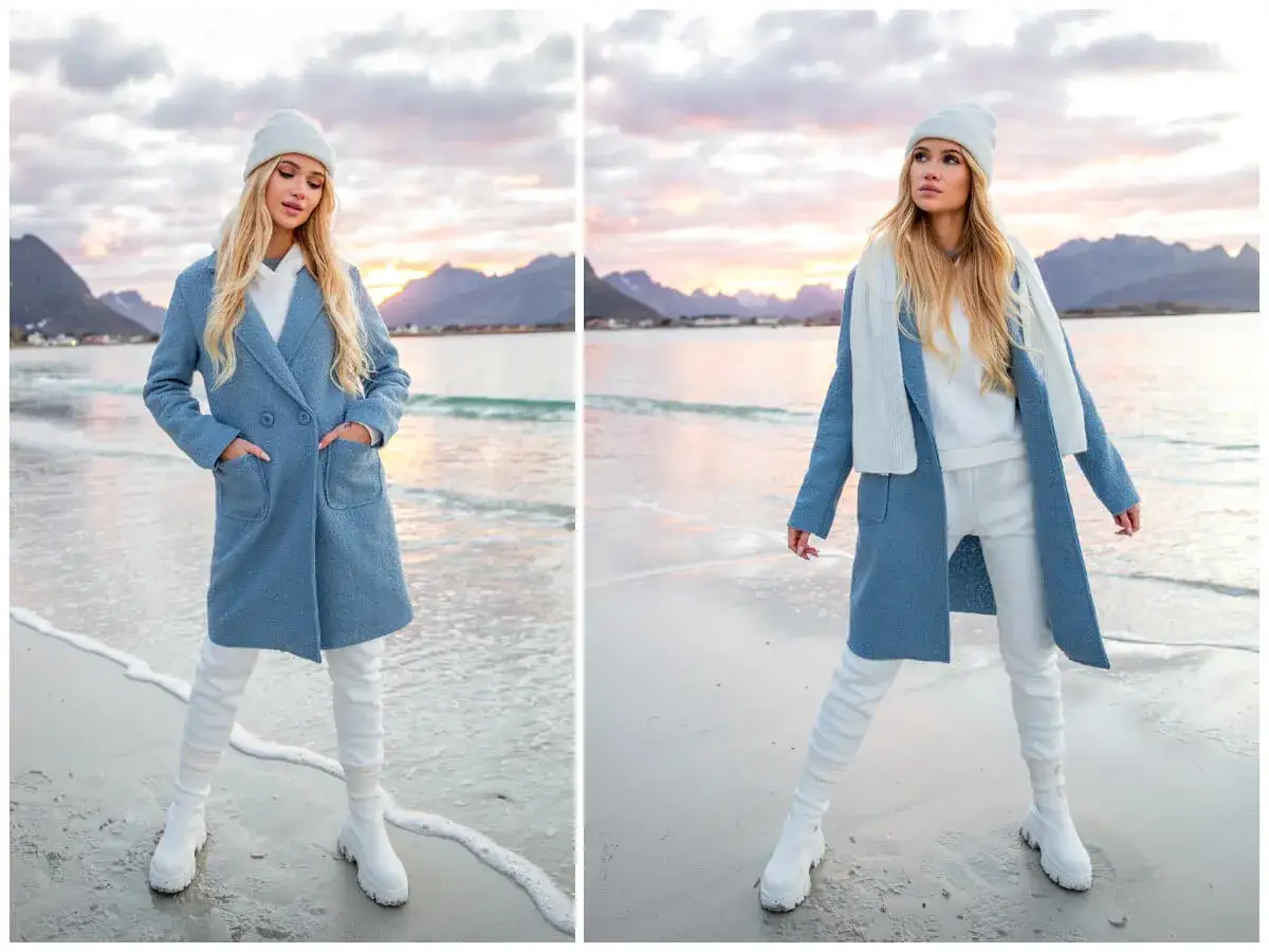 Dwie modelki prezentują stylowe stylizacje zimowe damskie na plaży. Jasne płaszcze, białe spodnie i czapki tworzą elegancki, zimowy look.