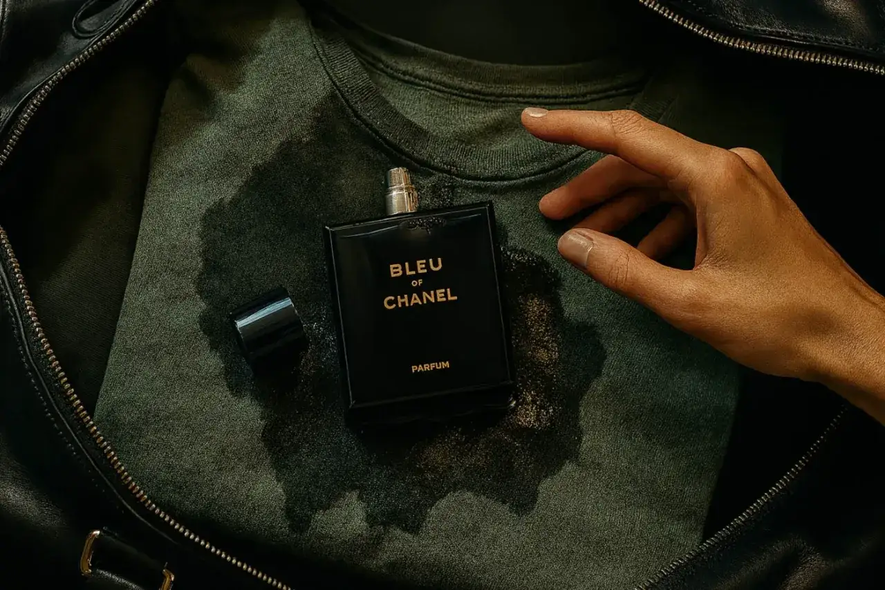Butelka perfum Bleu de Chanel Parfum leży na zielonej koszulce, tworząc ciemne plamy po perfumach. Dłoń zbliża się do flakonu.