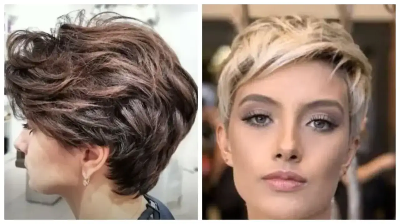 Dwie kobiety prezentują odmładzające kr&oacute;tkie fryzury damskie: jedna z ciemnymi, falowanymi włosami, druga z blond pixie cut.