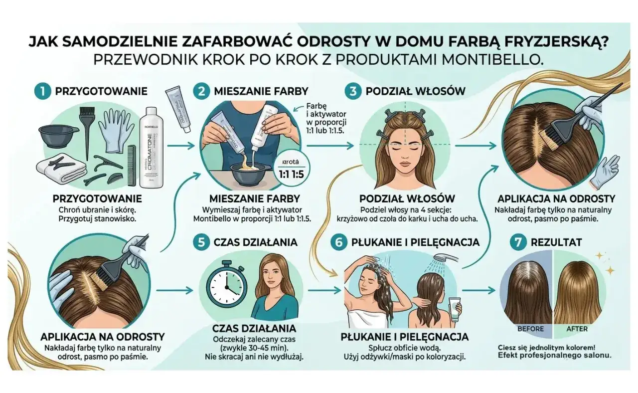 Ilustracja pokazuje, jak przygotować włosy do farbowania odrostów w domu, krok po kroku, z produktami Montibello.
