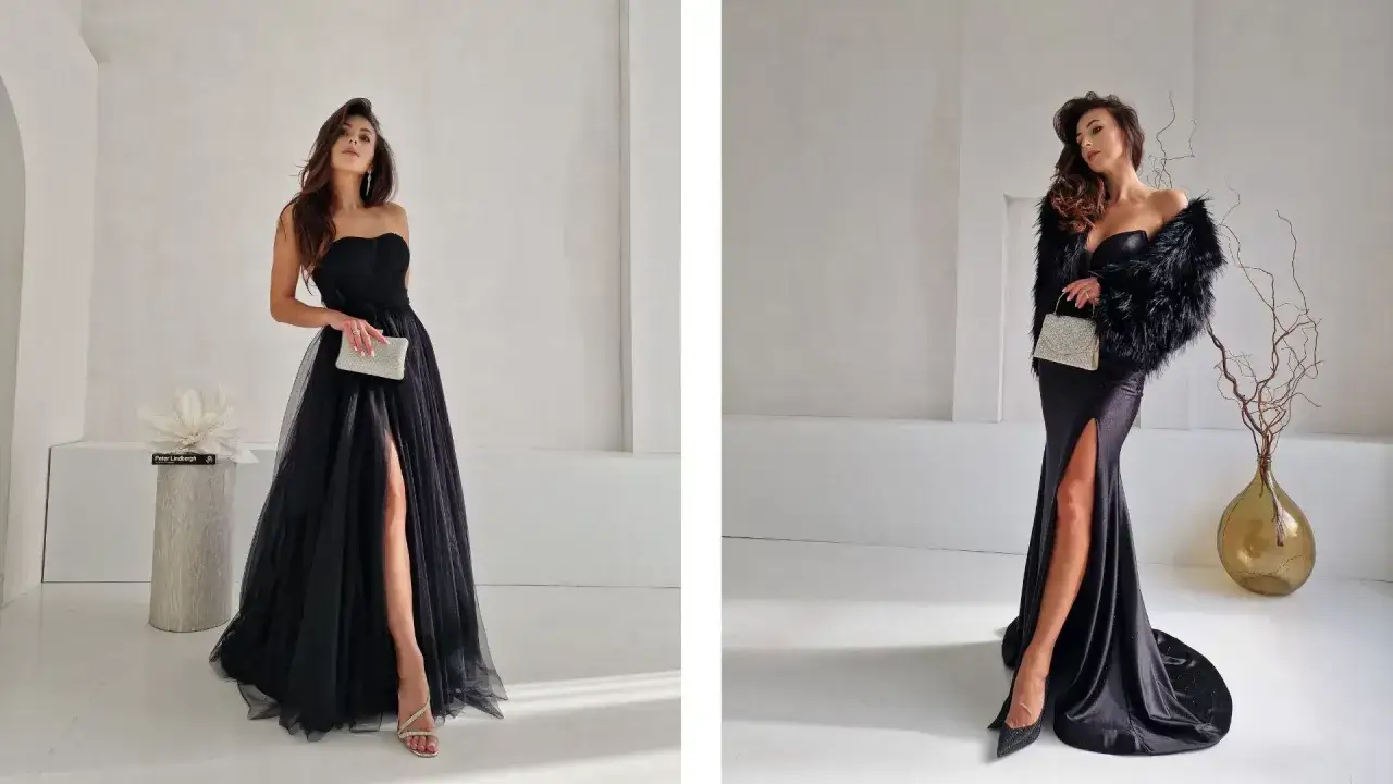 Elegancka kobieta w zjawiskowej czarnej sukience z rozcięciem, prezentująca dwie stylizacje. Jedna z tiulową górą, druga z futrzanym bolerkiem.