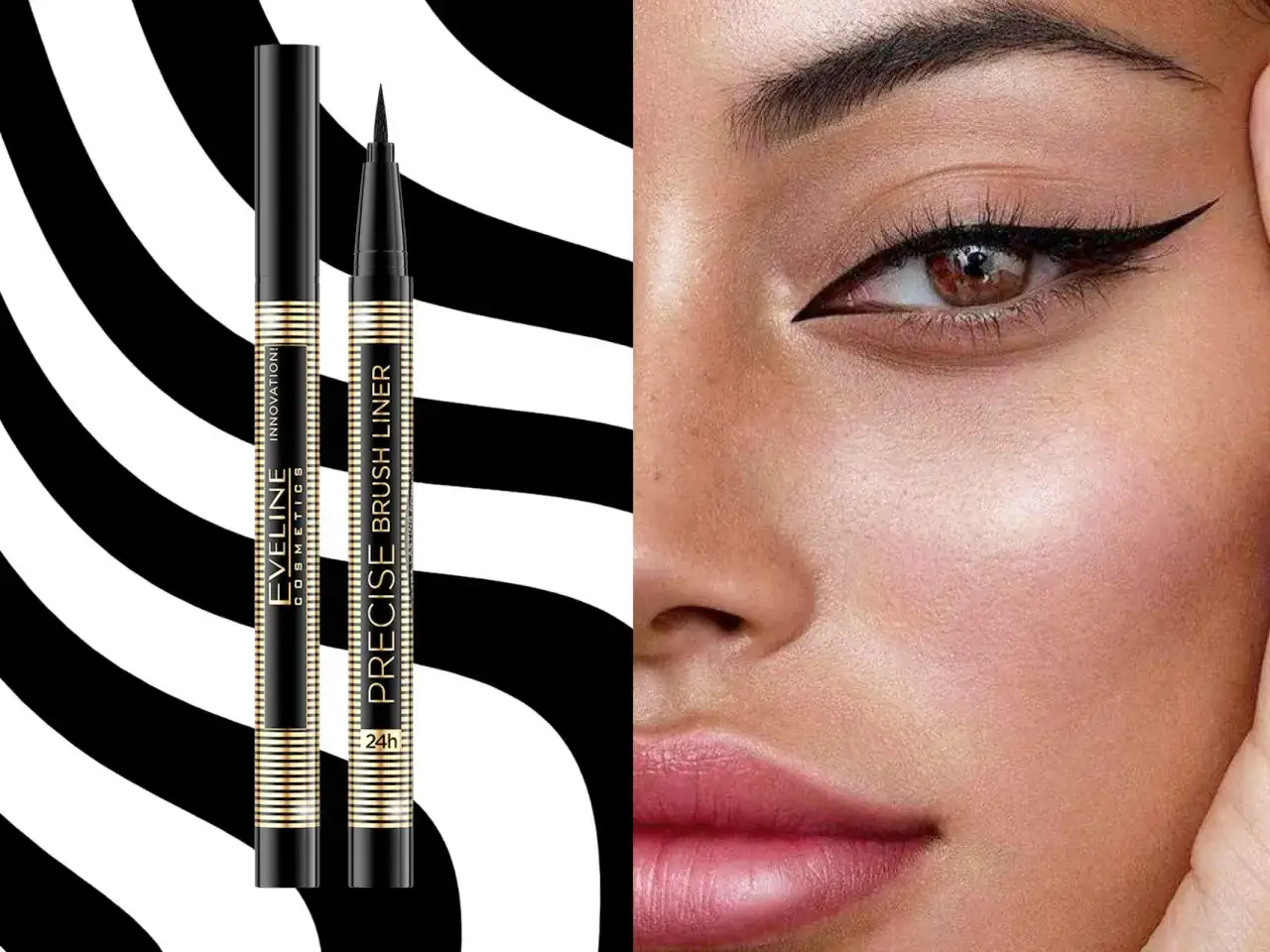 Dwa czarne eyelinery z złotymi paskami na tle czarno-białych pasów, obok zbliżenia oka z perfekcyjną kreską.