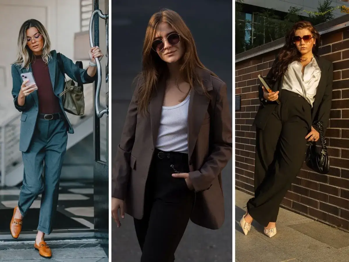 Eleganckie stylizacje do pracy: trzy kobiety w garniturach i modnych dodatkach, prezentujące różne warianty biznesowego szyku.