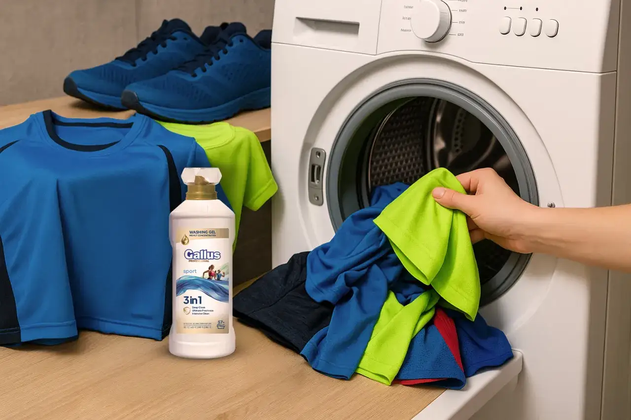 Sportowe ubrania z 95% poliestru i 5% elastanu, gotowe do prania w pralce z żelem Gallus.