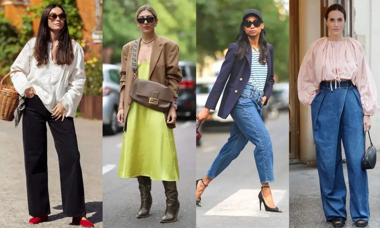 Kobiety w stylizacjach casual: biała bluzka, czarne spodnie, limonkowy komplet, jeansy z marynarką, różowa bluzka i jeansowe spodnie.