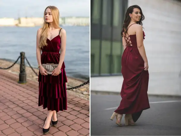 Eleganckie dodatki do bordowej sukienki na wesele: kopertówka i szpilki lub sandałki na obcasie.
