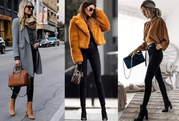 Trzy kobiety prezentują stylowe zestawy z czarnymi spodniami. Wygodne buty do czarnych spodni to klucz do modnego wyglądu.