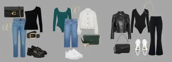Stylizacja na wyjście z koleżankami: czarny top asymetryczny, jeansy, botki, torebka. Alternatywnie: zielony body, jeansy, biała bomberka, zielona torebka.