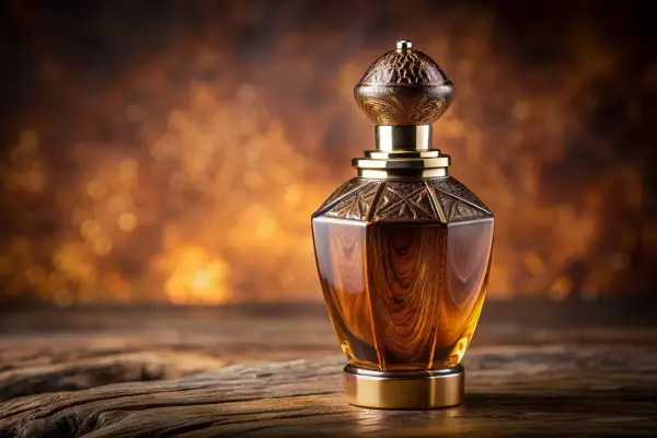 Elegancka buteleczka perfum z płynem w kolorze bursztynu. W tle ciepłe, rozmyte światła. Czy to właśnie oud, co to za zapach?