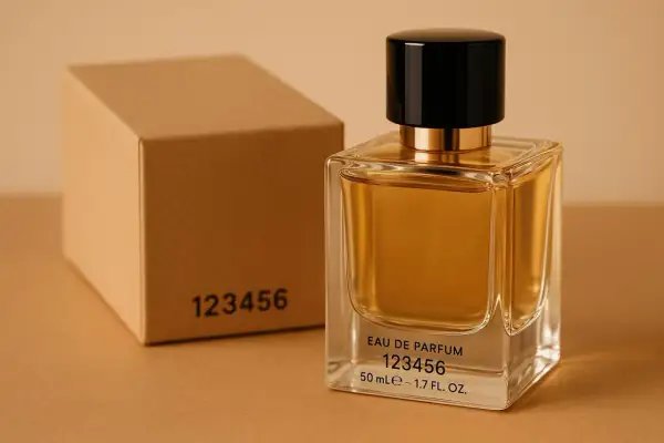 Elegancka butelka perfum i pudełko z numerem 123456. Chcesz wiedzieć, jak sprawdzić, czy perfumy są oryginalne? Zwróć uwagę na detale.