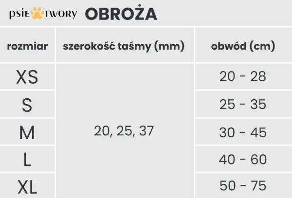Tabela rozmiarów obroży dla psów: XS (20-28 cm), S (25-35 cm), M (30-45 cm), L (40-60 cm), XL (50-75 cm). Szerokość taśmy: 20, 25, 37 mm.