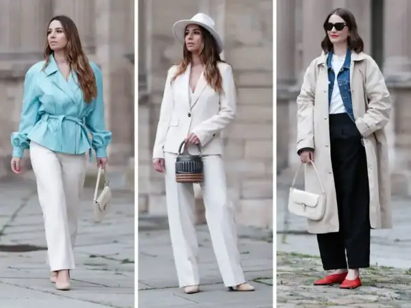 Eleganckie stylizacje na komunię ze spodniami: błękitny żakiet, biały garnitur i beżowy trencz z czarnymi spodniami.