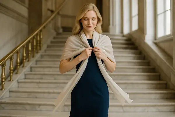 Elegancka kobieta w granatowej sukience wieczorowej i beżowym szalu. Pokaz, jak wiązać szal do sukienki wieczorowej, by wyglądać zjawiskowo.
