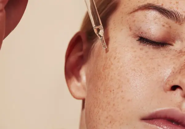 Kropla serum z pipetki spada na piegowatą skórę. Dowiedz się, jak stosować retinol dla pięknej cery.