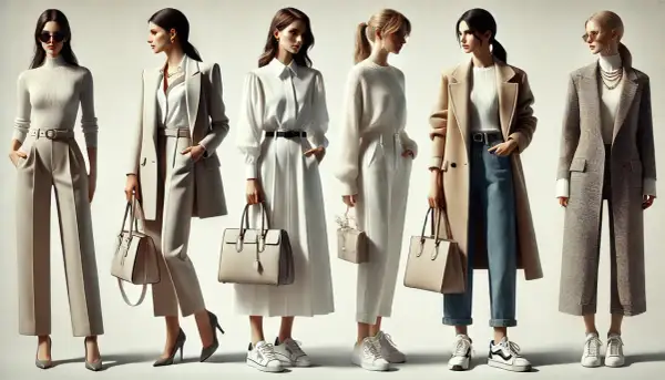 Sześć kobiet prezentuje elegancki styl damski w jasnych, neutralnych barwach. Od szerokich spodni po płaszcze, każda stylizacja emanuje szykiem.